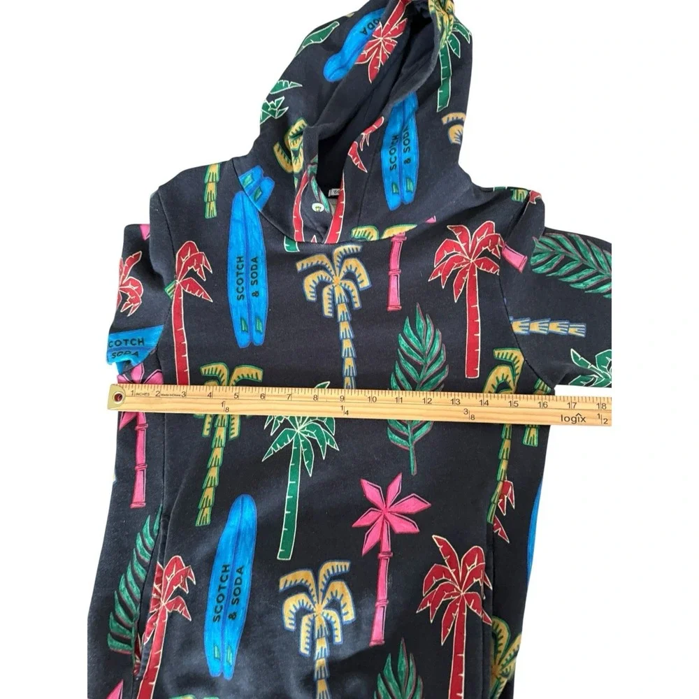 Scotch & Soda Vacation Shirt Black Hoodie Surf Palm Trees Pocket Logo Boys SZ 10